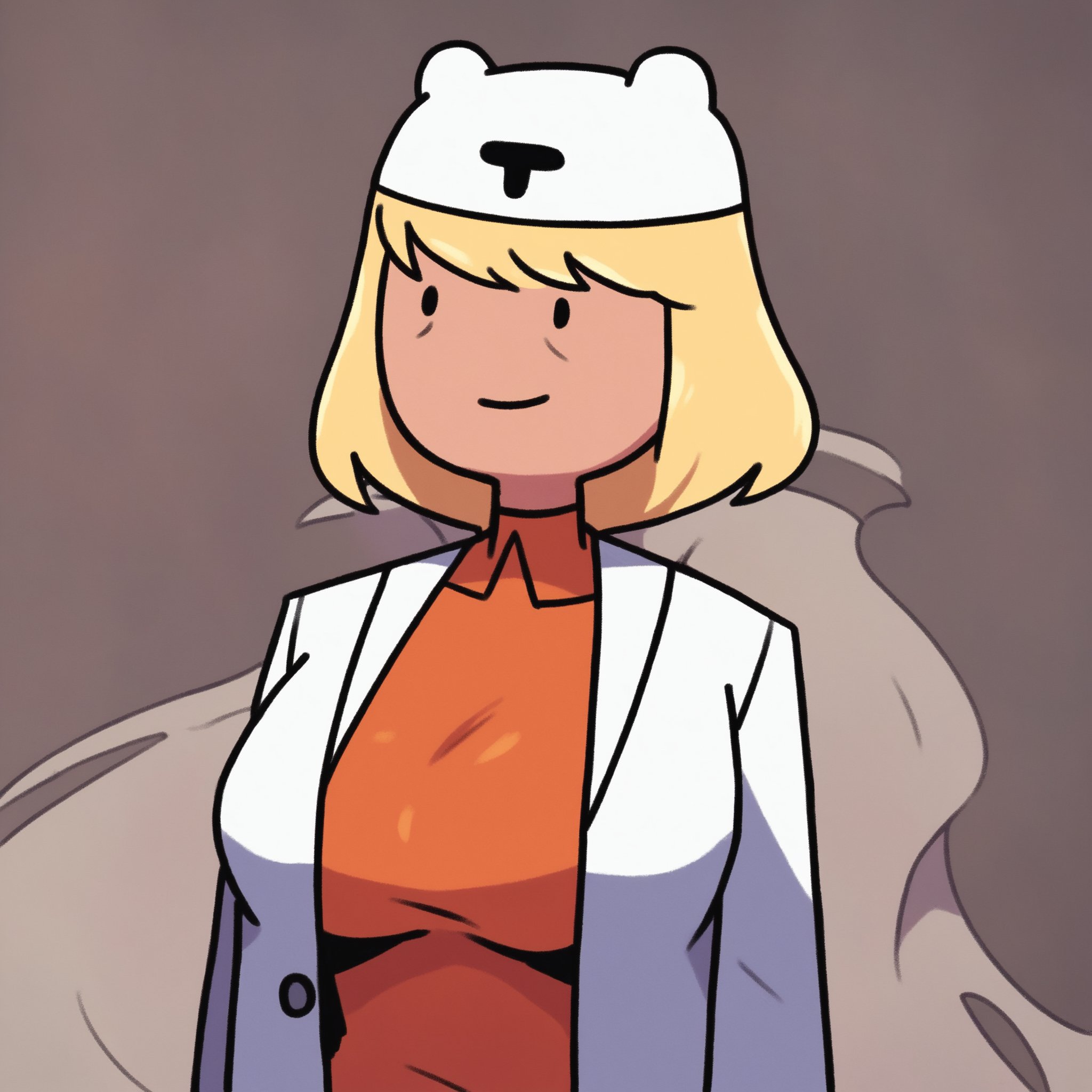 score_9, score_8_up, score_7_up, <lora:m1n3rv4c4:1> m1n3rv4c4,1girl,minerva campbell,adventure time,solo,labcoat, white hat, big breasts, standing, portrait,smiling