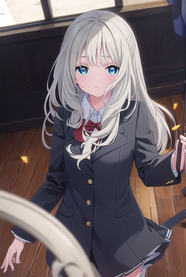 hotaruhiraiwa, <lora:hotaru hiraiwa s1-lora-nochekaiser:1>,hotaru hiraiwa, long hair, bangs, blue eyes, grey hair,BREAK skirt, long sleeves, school uniform, jacket, socks, black skirt, two side up, black jacket, kneehighs, blazer, black socks, bow, bowtie, stripped, stripped bowtie,BREAK indoors, classroom,BREAK looking at viewer, (cowboy shot:1.5),BREAK <lyco:GoodHands-beta2:1>, (masterpiece:1.2), best quality, high resolution, unity 8k wallpaper, (illustration:0.8), (beautiful detailed eyes:1.6), extremely detailed face, perfect lighting, extremely detailed CG, (perfect hands, perfect anatomy),