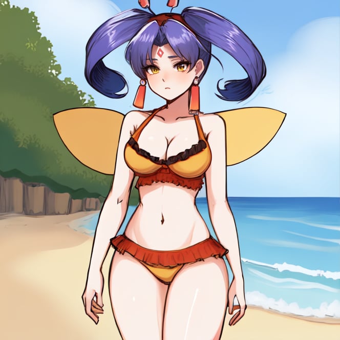 cowboy shot, solo, <lora:tioGrandia2:0.6> tio_grandia, earrings, twintails, yellow eyes, antennae, purple hair, wings, short hair, hair tubes, purple brow marks, orange bikini, frills, outdoors, beach, expressionless, medium bust, cleavage, collarbone, midriff, navel, highres, Digital art, trending on artstation, best quality, insanely detailed, masterpiece, stunning environment, wide-angle,