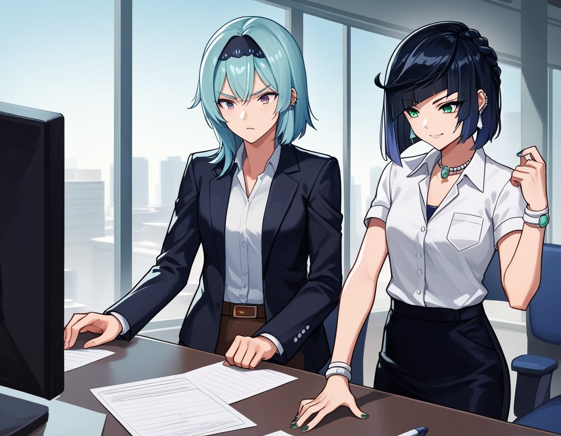 score_9, score_8, score_7, source_anime,rating_safe,2girls, office lady, formal, pant suit, small breasts, facing another, arguing, officeBREAKeulaBREAKyelan