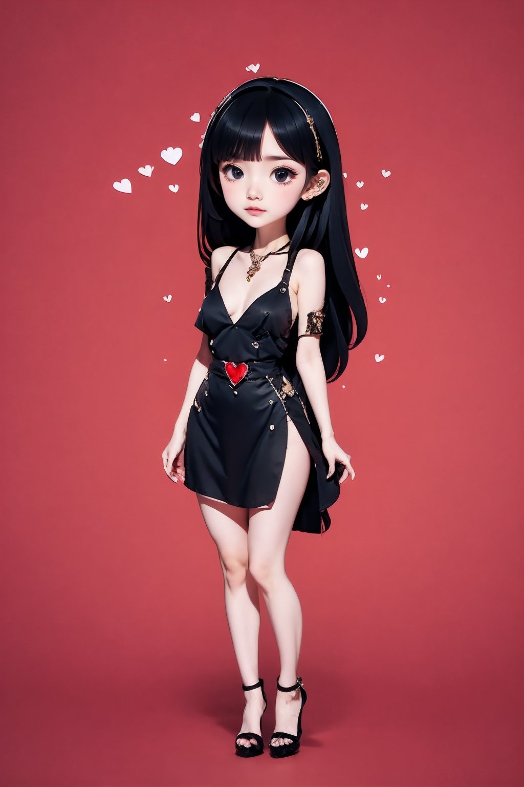 <lora:AgainChibiLora_v1:1>,1girl, solo, mole under eye, jewelry, mole, heart, black hair, necklace, dress, black eyes, black dress, black footwear, full body, breasts,