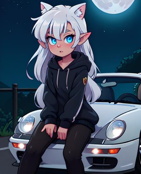 night, 1girl, pointy ears,(porsche), silver hair, realistic, soft light, neon, moon light, blue eyes, extremely detailed CG unity 8k, looking at viewer, full body,  nice body, solo, sitting, (Hood of the car),cute,darling