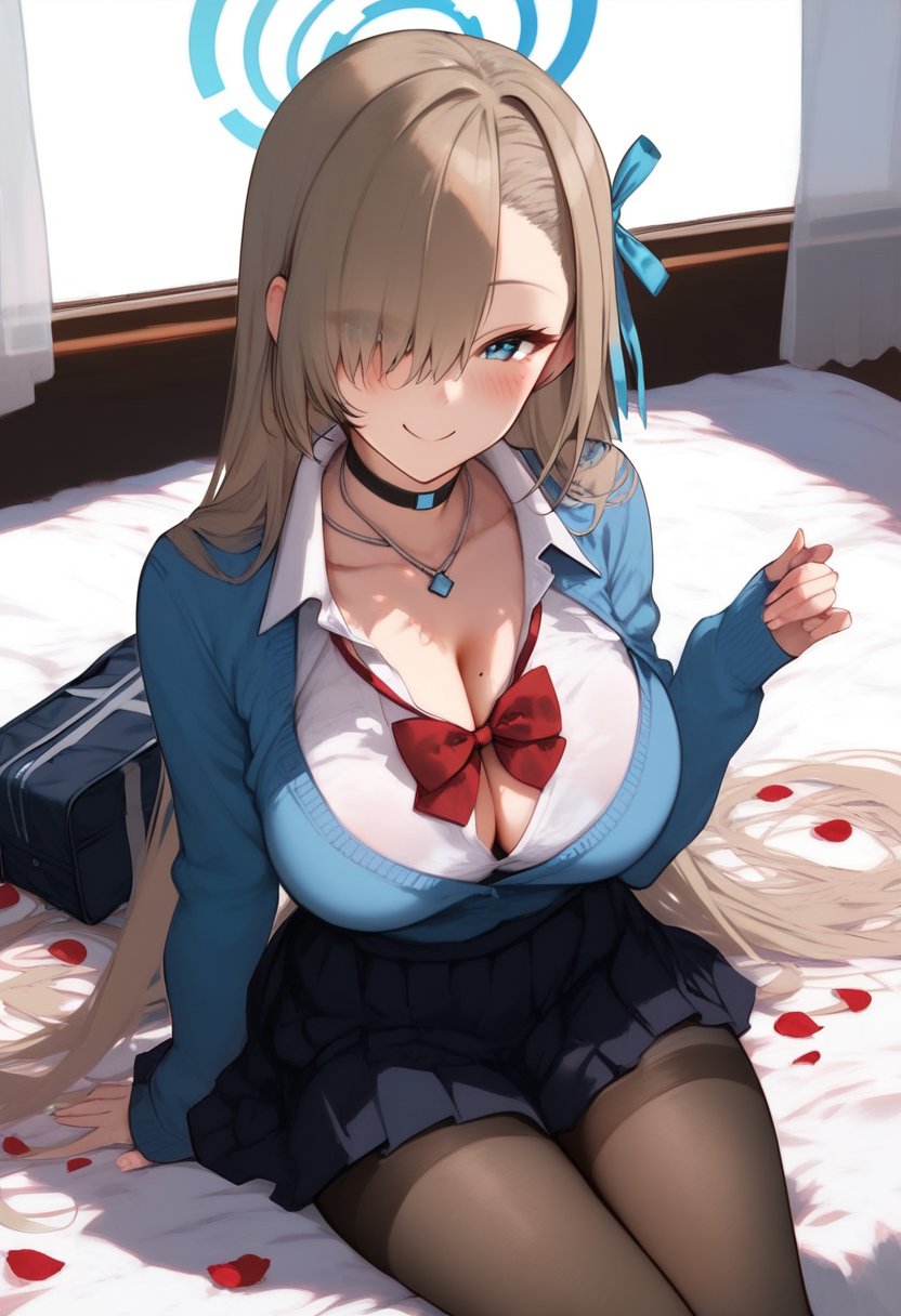 score_9, score_8_up, score_7_up, score_6_up, score_5_up, score_4_up, <lora:style1:1>, style1, 1girl, solo, long hair, breasts, looking at viewer, blush, smile, blue eyes, shirt, large breasts, skirt, long sleeves, bow, ribbon, closed mouth, cleavage, jewelry, very long hair, sitting, school uniform, collarbone, white shirt, hair ribbon, heart, pantyhose, pleated skirt, collared shirt, choker, indoors, bowtie, black skirt, necklace, mole, hair over one eye, bag, halo, red bow, black pantyhose, petals, black choker, bed sheet, light brown hair, cardigan, curtains, mole on breast, school bag, asymmetrical bangs, long bangs, blanket, blue cardigan, asuna \(blue archive\)