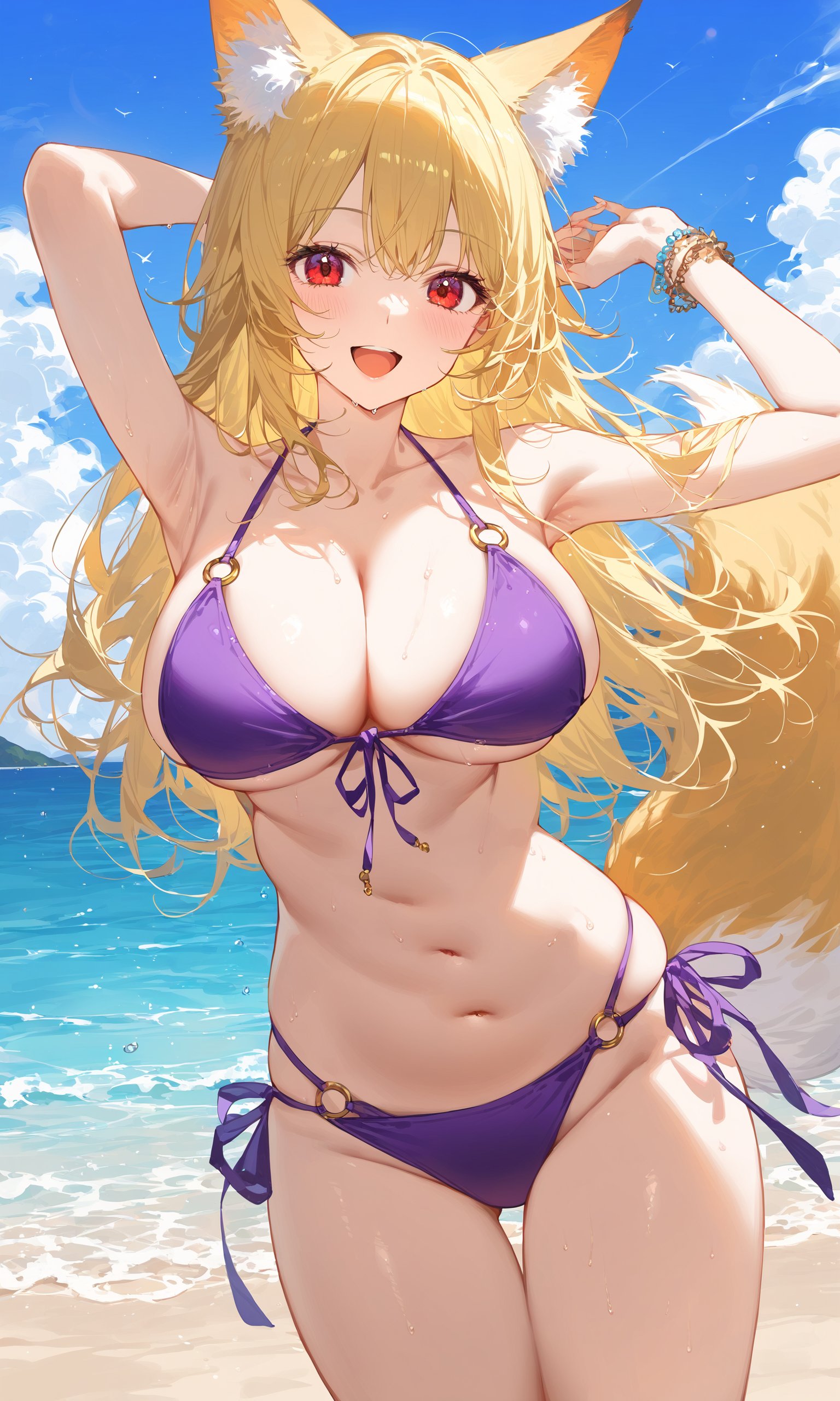 1girl, solo, long hair, breasts, looking at viewer, smile, open mouth, blonde hair, large breasts, red eyes, navel, animal ears, cleavage, bare shoulders, jewelry, collarbone, tail, swimsuit, bikini, thighs, cowboy shot, outdoors, day, armpits, stomach, bracelet, animal ear fluff, fox ears, fox tail, side-tie bikini bottom, ocean, halterneck, beach, thigh gap, fox girl, front-tie top, string bikini, o-ring, front-tie bikini top, purple bikini, o-ring bikini masterpiece, best quality, score_9, score_8_up, score_7_up, ultra-detailed, Best-A, Medium-B, Low-C, Bad-D,