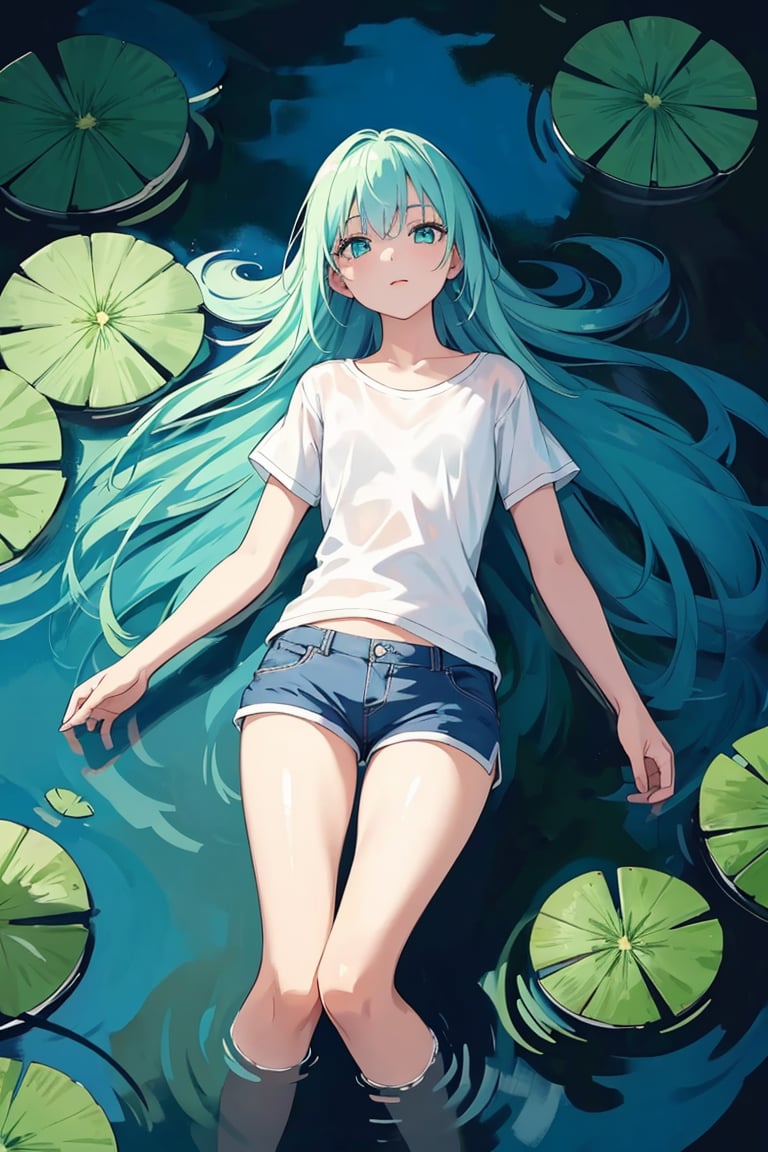 1girl, long cyan hair, laying in water, wearing shorts, and a plain white t-shirt, lily pads, atmospheric scene, fluid, official art, digital art, highly detailed, sparkle, cinematic lighting, shadows, highlights, (masterpiece, best quality)