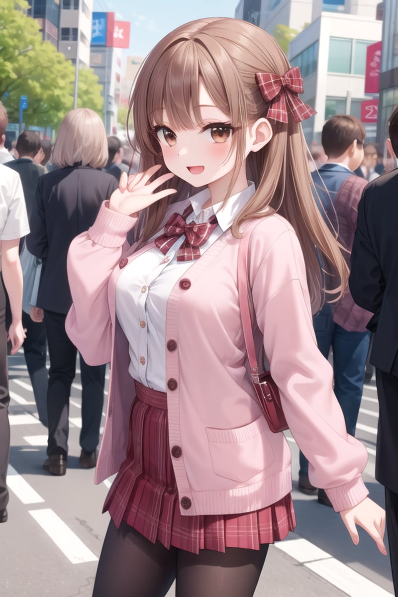 insanely detailed, absurdres, ultra-highres, ultra-detailed, best quality,1girl, solo, nice hands, perfect handsBREAK(School Uniforms:1.2), (pink cardigan is fit body:1.4), ((do up a buttons, not loose):1.5), ((long sleeve, sleeves past wrists):1.2), (inner wear is white collared-shirt:1.3), (red plaid-pattern bow:1.3), (red plaid-pattern pleated skirt:1.3), ((dark-brown pantyhose, loafers):1.2)BREAKhappy smile, laugh, open mouth, standing,from side,cute pose, cowboy shotBREAKslender, kawaii, perfect symmetrical face, ultra cute girl, ultra cute face, ultra detailed eyes, ultra detailed hair, ultra cute, ultra beautifulBREAKin harajuku, shibuya, tokyo, street, crowd, cityscapeBREAKmedium large breasts,(brown hair, brown eyes), hime cut