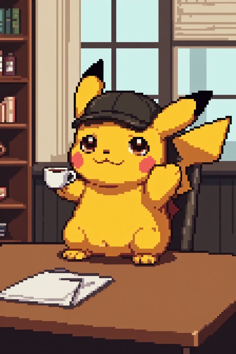 style of aziib_pixel, Selfie of Pikachu in an office, holding a cup of coffee, wearing sherlock holmes hat,<lora:Aziib_Pixel_Style:1>