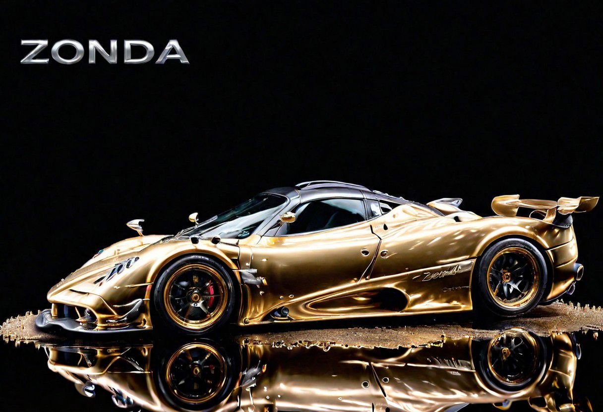 SILVER LIQUID METAL Pagani Zonda sports car, Races through GOLD LIQUID METAL , liquid metal sprays up from the cars tyres, Car drifting in a black void,  Painstaking Attention To Details, (wording above the car say's "ZONDA")