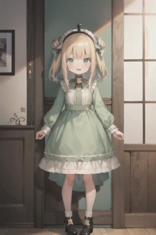 (masterpiece, best quality), vtuber-fullbody, blonde hair, green eyes, long sleeves, double hair bun, green shirt, puffy long sleeves, dress, puffy sleeves, frills, green dress,  star hair ornament, skirt, shirt, black hairband, full body, (white backgound), <lora:vtuber-poses-05:1>, <lora:amanoPikameeLocon_v1:0.9> 