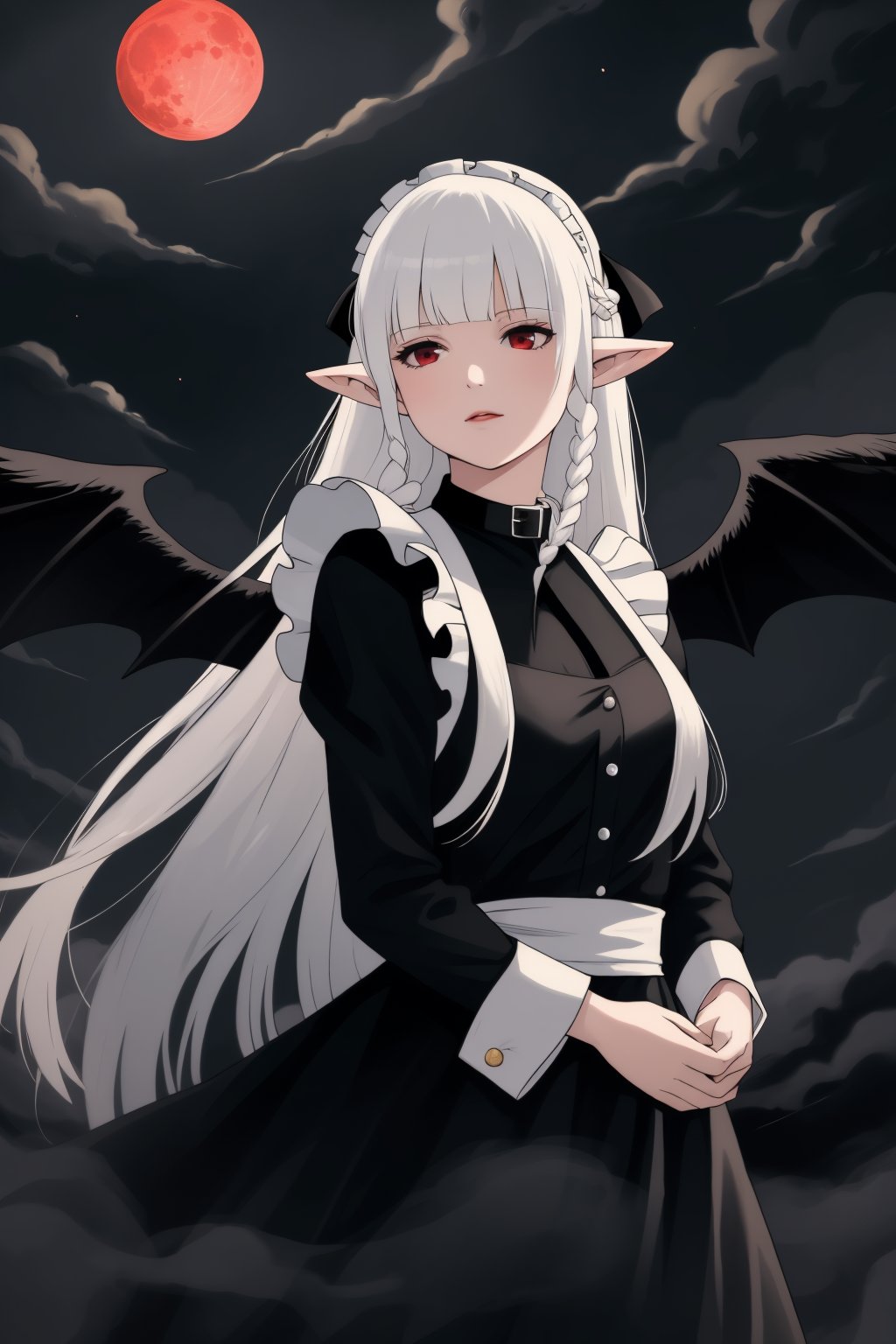 realistic,Nephelia,1girl,pointy ears,blue eyes,very long hair,white hair,elf,apron,maid,collar,braid,dress,long sleeves,frills,blunt bangs,hair ribbon,flowers,<lora:lbc_Nephelia_v1.0:0.8>,Floating black ashes, Beautiful and detailed black, red moon, ((The black clouds)), (black Wings) , a black cloudy sky, burning, black dress, ((Black fog)), Red eyes, (black smoke), ((Black feathers floating in the air)),bat, (floating black cloud:1.5),,