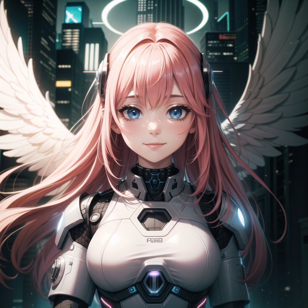 ((masterpiece, best quality, extremely detailed), volumetric lighting, ambient occlusion, colorful, glowing, expressive eyes),

1girl, pink hair, long hair, halo, aura, sacred, godness, cyber suit, (white outfit:1.3), android, bot, angel wings,
outdoors, night, sky, clouds, moon, stars,
(cyberpunk theme), (Cyborg theme),

open eyes, smiling, closed mouth,
upper body, close up, portrait,