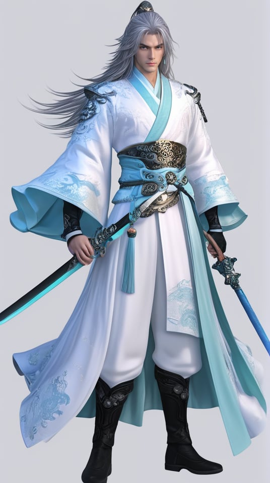 (best quality), ((masterpiece)), (highres), illustration, original, extremely detailed,   <lora:武侠与剑仙:0.7>1boy, male focus, holding sword, long hair, weapon, solo, holding weapon, sword, holding, white background, chinese clothes, full body, simple background, hanfu, boots, grey hair, looking at viewer, glowing, black footwear, long sleeves, standing, very long hair, wide sleeves, tassel