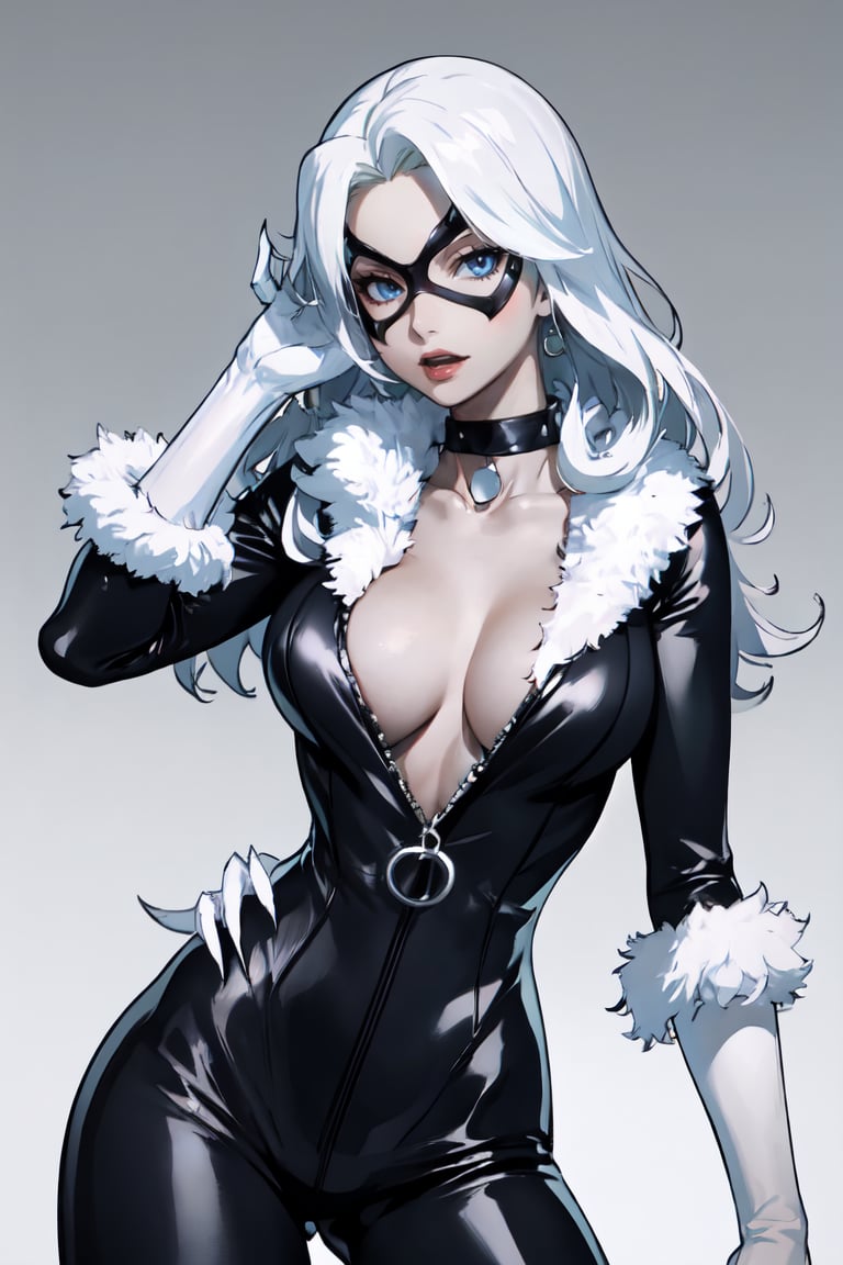 straight-on,pose,looking at viewer,solo, BREAK,CARTOON_felicia_blackcat_ownwaifu, www.ownwaifu.com,long hair,white hair,lipstick,blue eyes,makeup,lips,large breasts,collarbone,red lips,claws,very long hair,mask,bodysuit,domino mask,gloves,choker,white gloves,collar,superhero,black bodysuit,fur trim,cleavage,skin tight,zipper,spiked collar,unzipped,jewelry,black choker,latex,shiny,center opening,<lora:CARTOON_felicia_blackcat_ownwaifu:1>, BREAK, official art, highres, scenery, (masterpiece:1.1), (best quality,:1.1), (high quality:1.1), (anime_coloring:1.2),