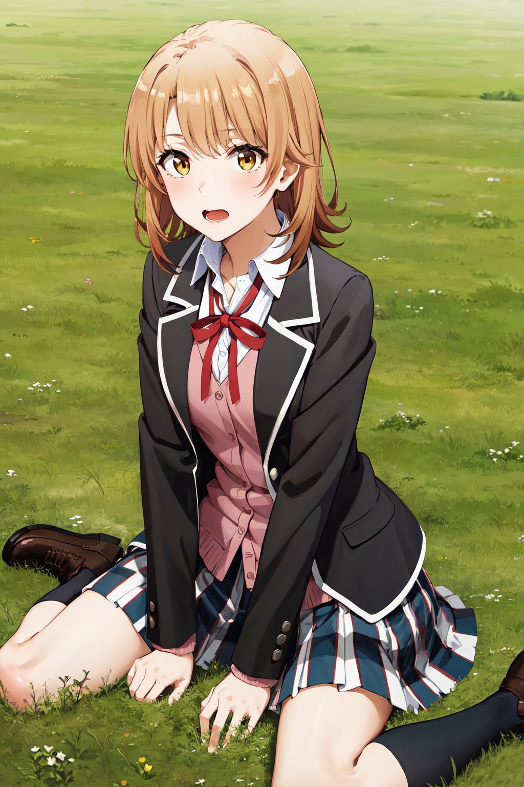 masterpiece, best quality, highres, aairoha, medium hair, school uniform, neck ribbon, collared shirt, blazer, black jacket, open jacket, long sleeves, plaid skirt, <lora:isshiki_iroha_v1:0.7>, grass, field, wariza, wind