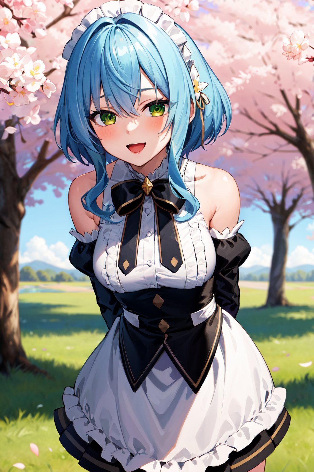 masterpiece, best quality, highres, aavillhaze, short hair, maid headdress, green eyes, breasts, maid, black bowtie, bare shoulders, frills, dress, underbust, detached sleeves, long sleeves, maid apron, <lora:villhaze_v1:0.7>, arms behind back, smile, open mouth, standing, cowboy shot, leaning forward, outdoors, cherry blossoms, 