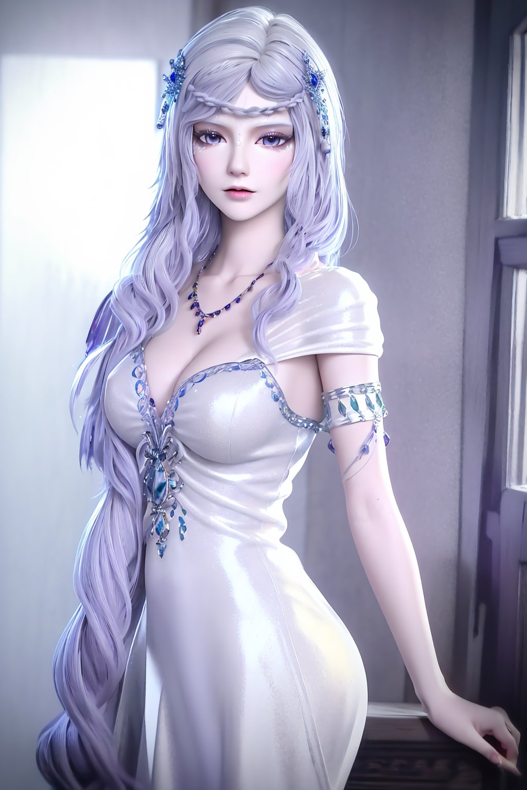 (8k, RAW photo, best quality, masterpiece:1.2),(realistic, photorealistic:1.3),ultra-detailed,extremely detailed cg 8k wallpaper,(crystalstexture skin:1.2),extremely delicate and beautiful,1girl,long hair,solo,very long hair,dress,hair ornament,braid,jewelry,photo_\(medium\),(breasts, medium_breasts, cleavage),looking at viewer,standing, nude,