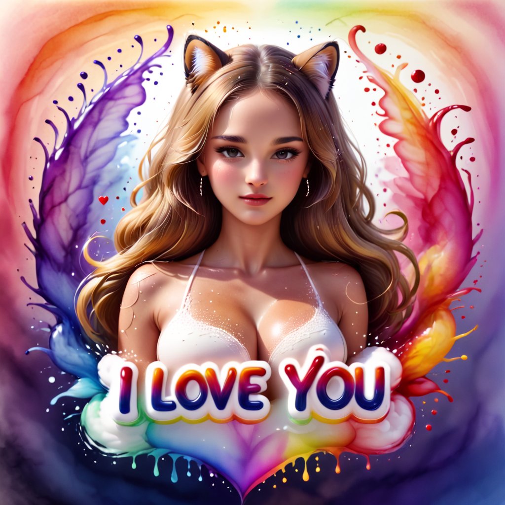 Watercolor painting style with translucent layers, blending colors, and a fluid, organic feel, "I love you:1.2" text, puma made of dots, translucent layers, blending colors, fluid, organic, artistic, delicate, ethereal, painterly,"I love you:1.2" text, puma made of dots