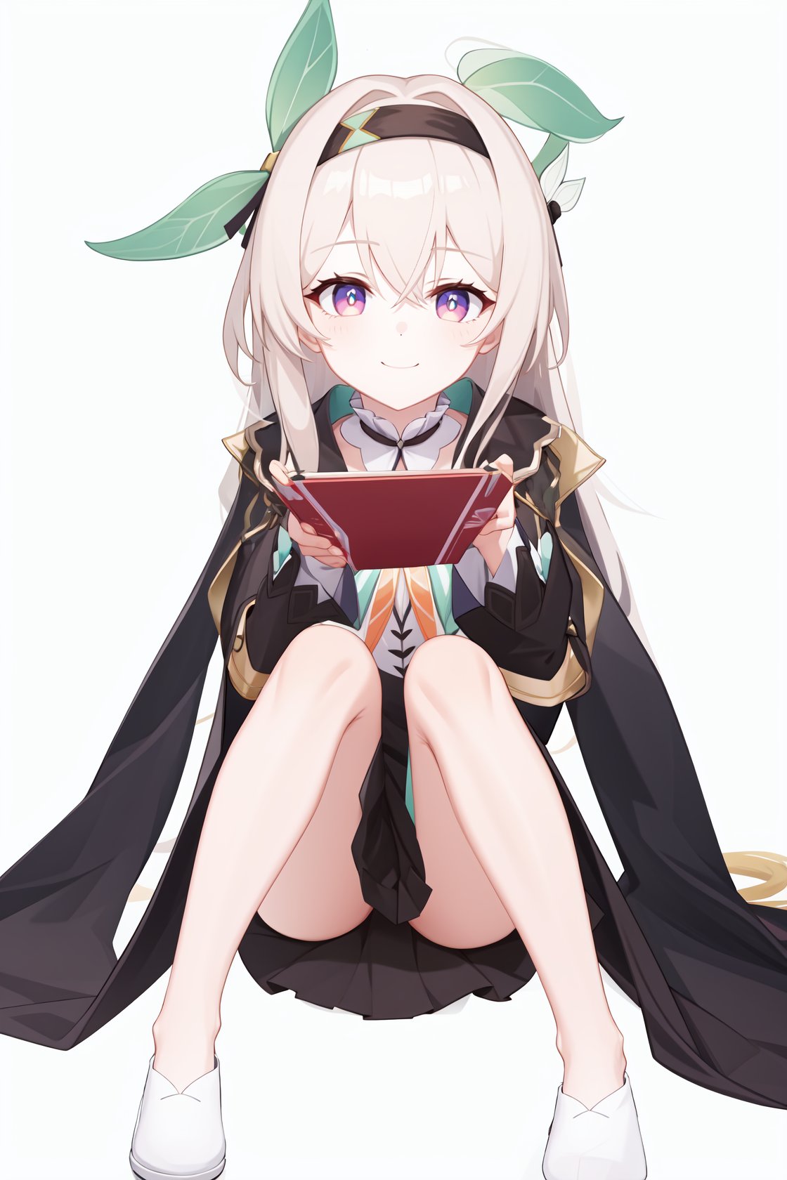 1girl,a girl named liuying,liuying,long sleeves,long hair,high quality,black hairband,(purple eyes:0.6),light smile,black capelet,green dress,full body,grey hair,bare legs,<lora:流萤21-000011:0.9:lbw=char>,sitting,spread legs,, (masterpiece,best quality:1.2),absurdres, high quality,