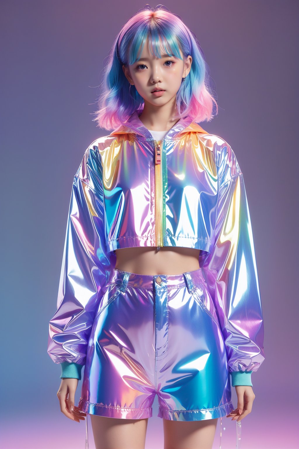 girl,transparent color PVC clothing,transparent color vinyl clothing,prismatic,holographic,chromatic aberration,fashion illustration,masterpiece,girl with harajuku fashion,looking at viewer,8k,ultra detailed,pixiv,solid background,colorful gradient hair,<lora:LEISHE_20240429220547:0.8>,