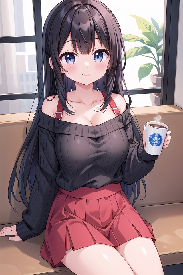 insanely detailed, absurdres, ultra-highres, ultra-detailed, best quality,1 girl, solo, nice hands, perfect hands,BREAKwearing sweater, off shoulder sweater, one piece sweater, sweater with long sleeves, bare shoulder, collarbone, red skirtBREAKhappy smile, laugh, closed mouth,sitting, holding coffee cup,45 angle, cowboy shot, looking at viewerBREAKslender, kawaii, perfect symmetrical face, ultra cute girl, ultra cute face, ultra detailed eyes, ultra detailed hair, ultra cute, ultra beautiful,BREAKindoors, in coffee shopBREAKlarge breasts, black hair, long hair, black eyes