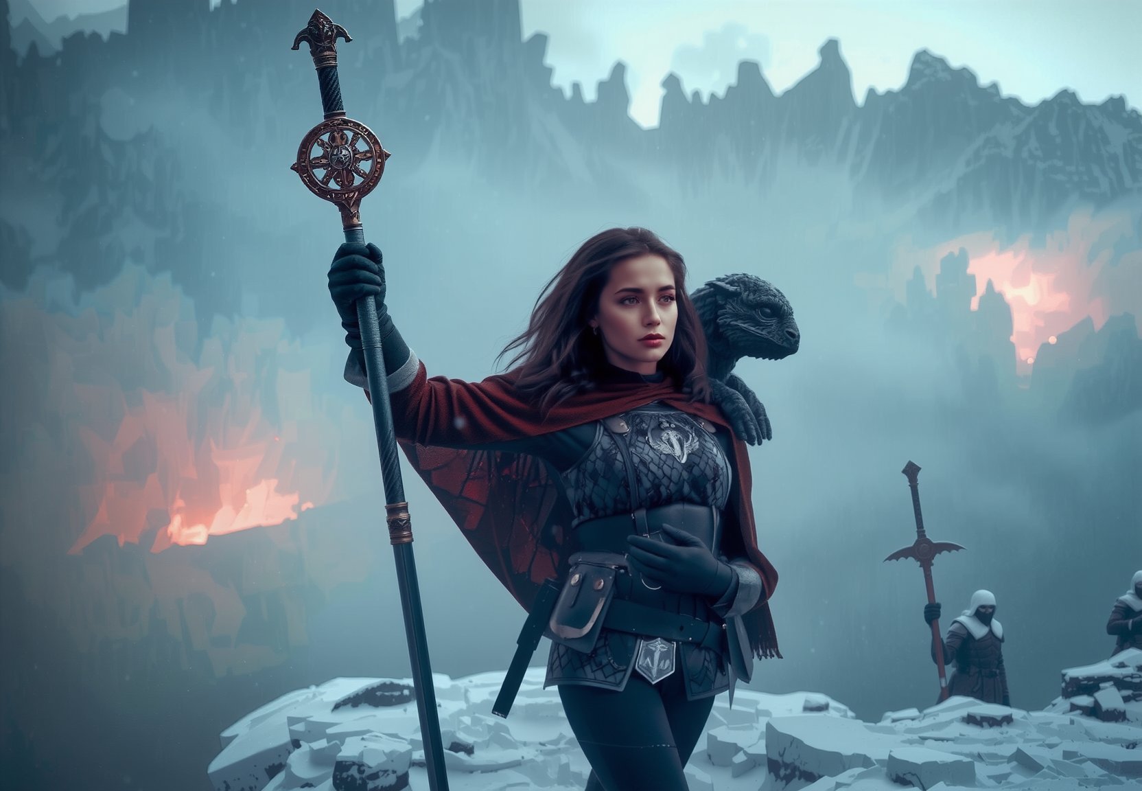 cinematic, 8k uhd, dslr,8K UHD cinematic masterpiece:high definition, extremely detailed, masterpiece, photo realistic, In a realm where magic weaves through the air like whispers, a 19-year-old girl named thomasinara stands atop the snowy mountain peak, With her enchanted staff, she conjures spells that shimmer with ethereal light. Perched on her shoulder is her loyal companion, a child dragon named Drogon, whose scales glisten like emeralds. Together, they navigate the mystical landscapes, their bond unbreakable.  In this fantastical world, she is both warrior and protector, a symbol of courage and magic intertwined.polishswordsmandark fantasy, romantic,dynamic fighting pose,,natural pose, dark fantasy style, raw, uhd, dslr, em 80mm, dslr, hdr, , cinematic shot, dark fantasy, style,raw photo, glowing neon fog, dslr, raw, 16k UHD,