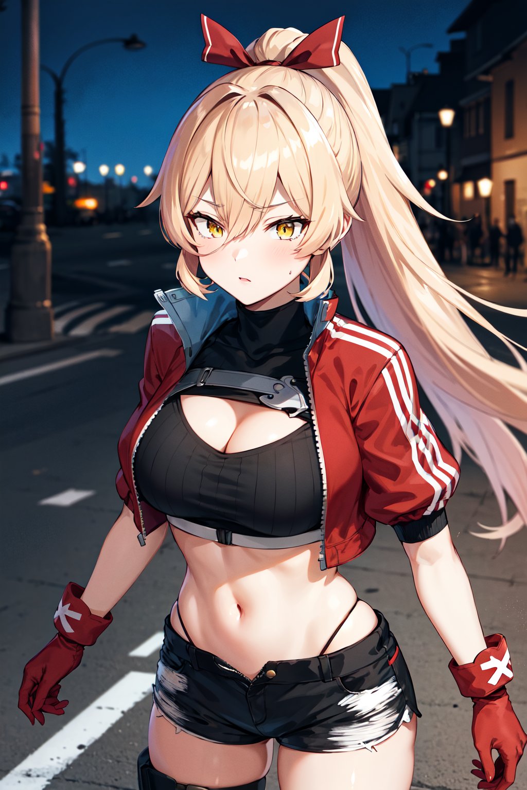 masterpiece, best quality, highres, ccnui, very long hair, blonde hair, ponytail, hair ribbon, hair between eyes, yellow eyes, turtleneck, cleavage cutout, crop top, black shirt, cropped jacket, open jacket, short sleeves, red gloves, black shorts, thigh strap, <lora:nui_sociere_v1:0.7>, walking, cowboy shot, street, night