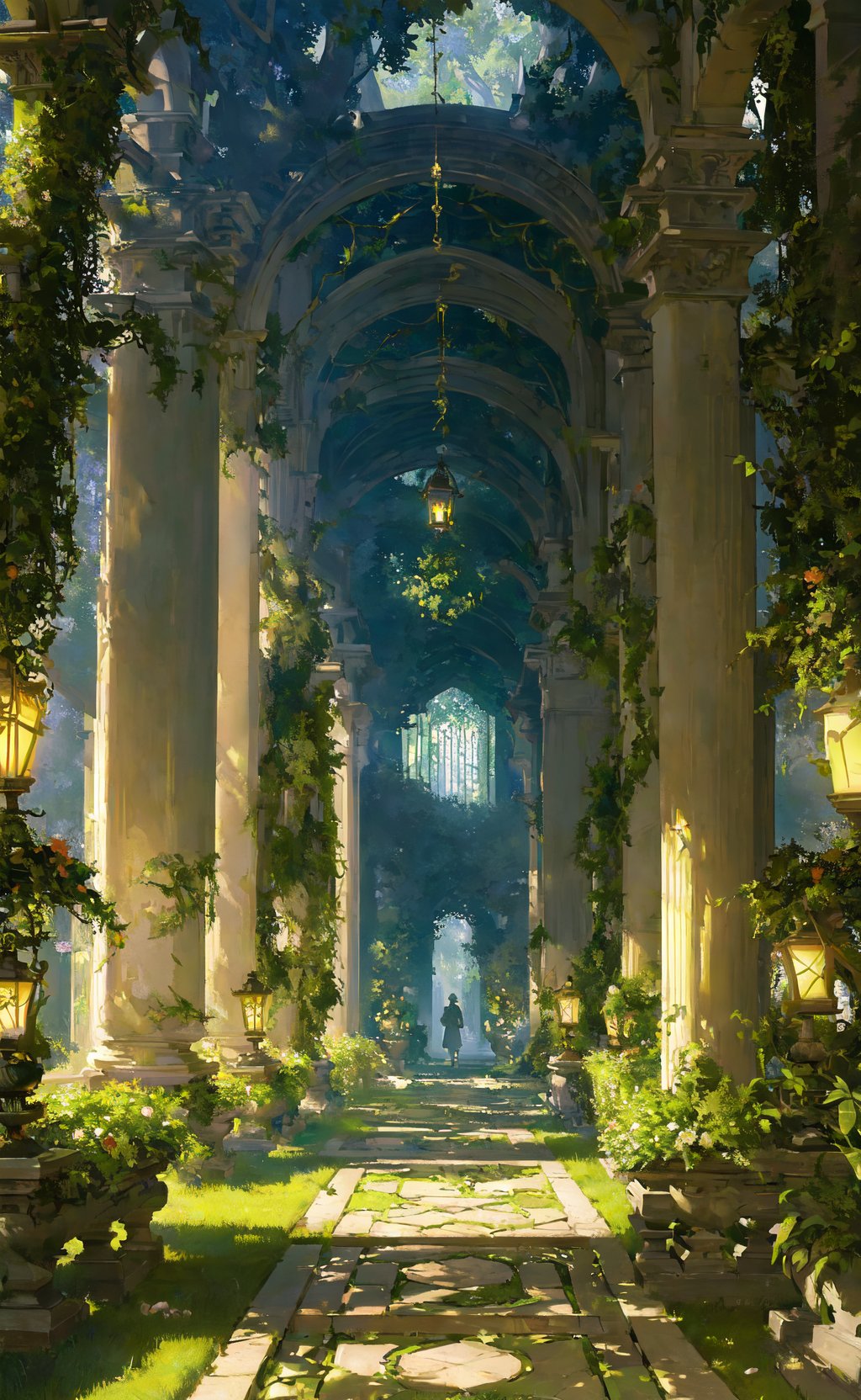 (masterpiece, best quality, highly detailed, intricate), a walkway in a garden with lots of green plants and trees on either side of it and a lantern hanging from the ceiling, Florence Engelbach, tone mapping, a flemish Baroque, german romanticism, cinematic composition, beautiful lighting