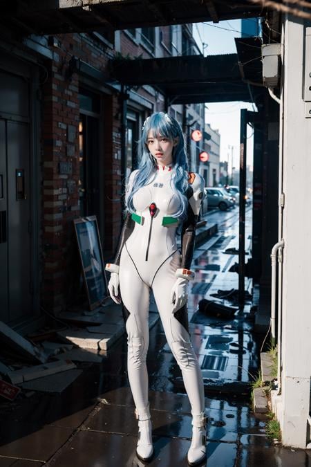 best quality, masterpiece, photorealistic, 1girl, solo, looking at viewer, bangs, full body, closed mouth, expressionless, standing, ayanami_cosplay_costume, plugsuit, blue hair, ayanami rei, pilot suit, cosplay, long hair, interface headset, hairpods, gloves, bracer, skin tight, ( ruins:1.4), night, neon light, cyberpunk, science fiction, future city, detailed background, <lora:ayanami_cosplay_costume_v2:0.65>