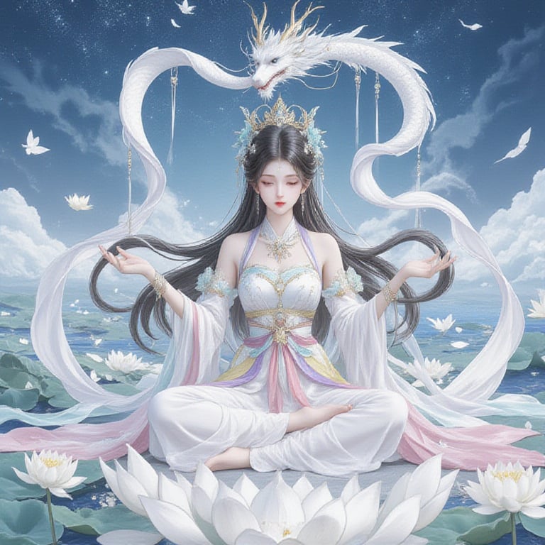 Chinese mature woman,Sitting cross-legged on a white lotus throne and a golden hat above his head,in anime style appearance,White Hanfu,golden crown,eyes closed,1girl,jewelry,long hair,hands out of hydrangea,hands tighhighs,see see Holding,see body,lovely little princess,dragon lady,with a pair of dragon horns ((masterpiece,best quality))) on her head,((good structure, good composition,good glowing translucent), Translucent of women),tiny golden accents,beautifully and intricately detailed,ethereal glow,whimsical,art by Mschiffer blue theme,off original,view (beautiful),transparent,shiny_clothes,pink chest pleated skirt,white with yellow pibo,pink pibo,qingsha,dunhuang((water drops)),wet clothes,((beautiful detailed water)),((floating)),dynamic angle,((Beautiful butterflies in detail)),((Beautiful stars in detail)),(((halter dress ))),particle,(Starry sky in beautiful detail),(Hazy fog),(Ruins of beautiful details),(((Standing on the surface of the sea))),yellow waistband,purple with white waistband,light green waistband, <lora:风月无边illustrations_v1.0:0.51> <lora:FLUX-汉服人像艺术-国风-氛围感-liangyi_尝鲜版:0.41> <lora:kingheretynjfl:0.41> <lora:flux_gf_v4.0:0.5> <lora:flux-test-lora:0.5> <lora:FLUX1-超写实逼真黑悟空-支持在线生图_FLUX-超写实黑悟空--V1:0.51> <lora:dunhuang:0.51>