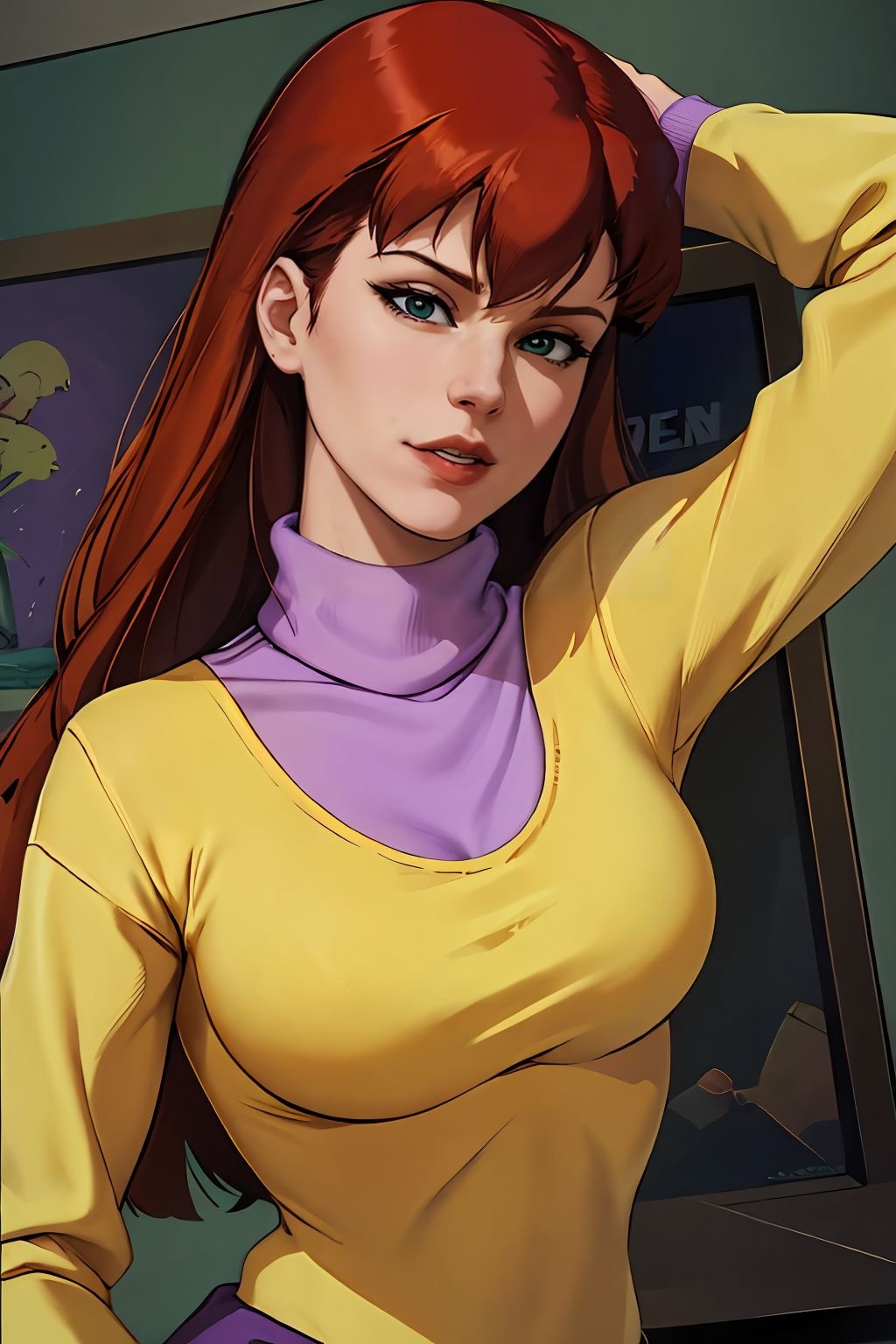 absurdres, mary jane watson, upper body, yellow sweater with purple turtleneck <lora:Mary Jane Watson_v1:1>