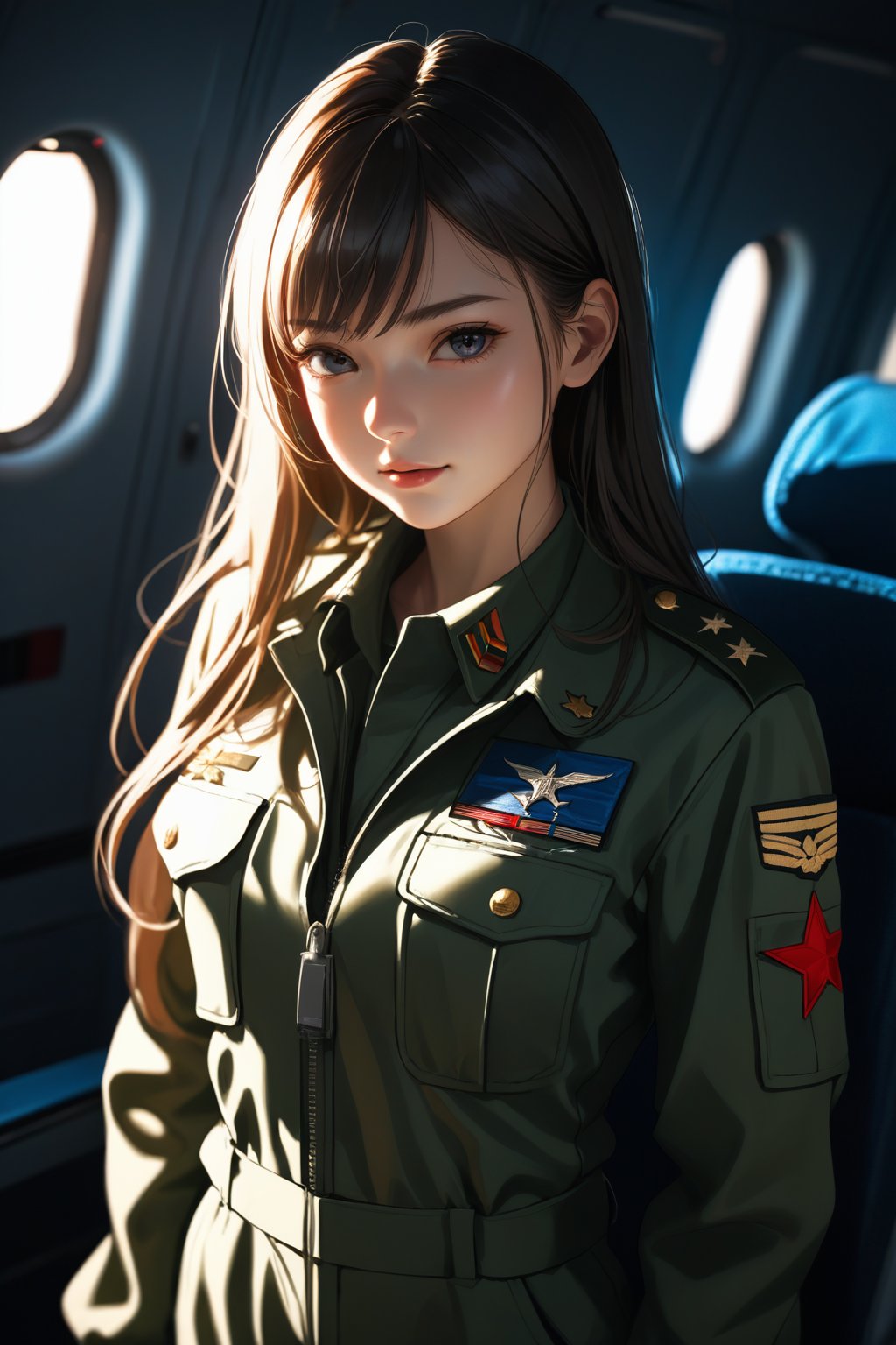 pilot jumpsuit, ((military uniform)), pilot, (ultra-detailed, inperfect skin),standing on a plane, in front of the camera,(masterpiece, best quality, best shadow), high contrast, (best illumination), ((cinematic light)), colorful, hyper detail, dramatic light, intricate details, (1 girl, solo, sharp face) , ultra detailed artistic photography, shadows, ultra high definition, 8k, ultra sharp focus, long hair, ultra high quality model, soft lighting, film photography, analogue photography, cowboy shot, volumetric lighting