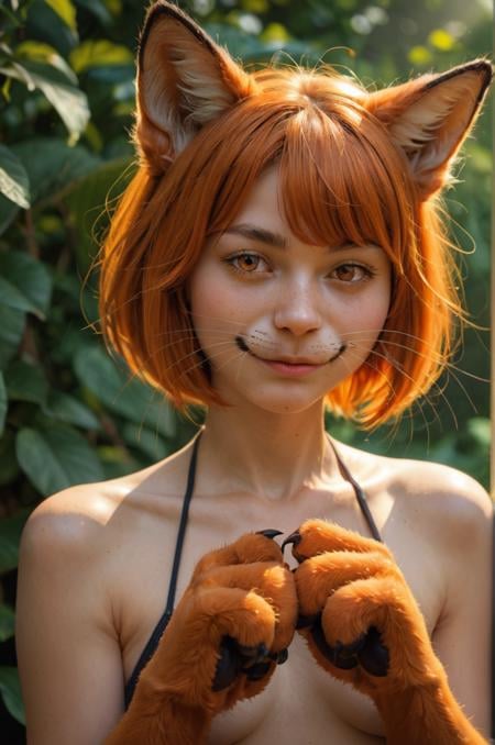 ((zPDXL), source_realistic),face portrait photo of young woman, orange hair, fur, 19 years old, short hair, natural lighting , fox ears, (whiskers:1.3) , front bangs, (animal paws:1.1), skimpy, (freckles:0.5), smile