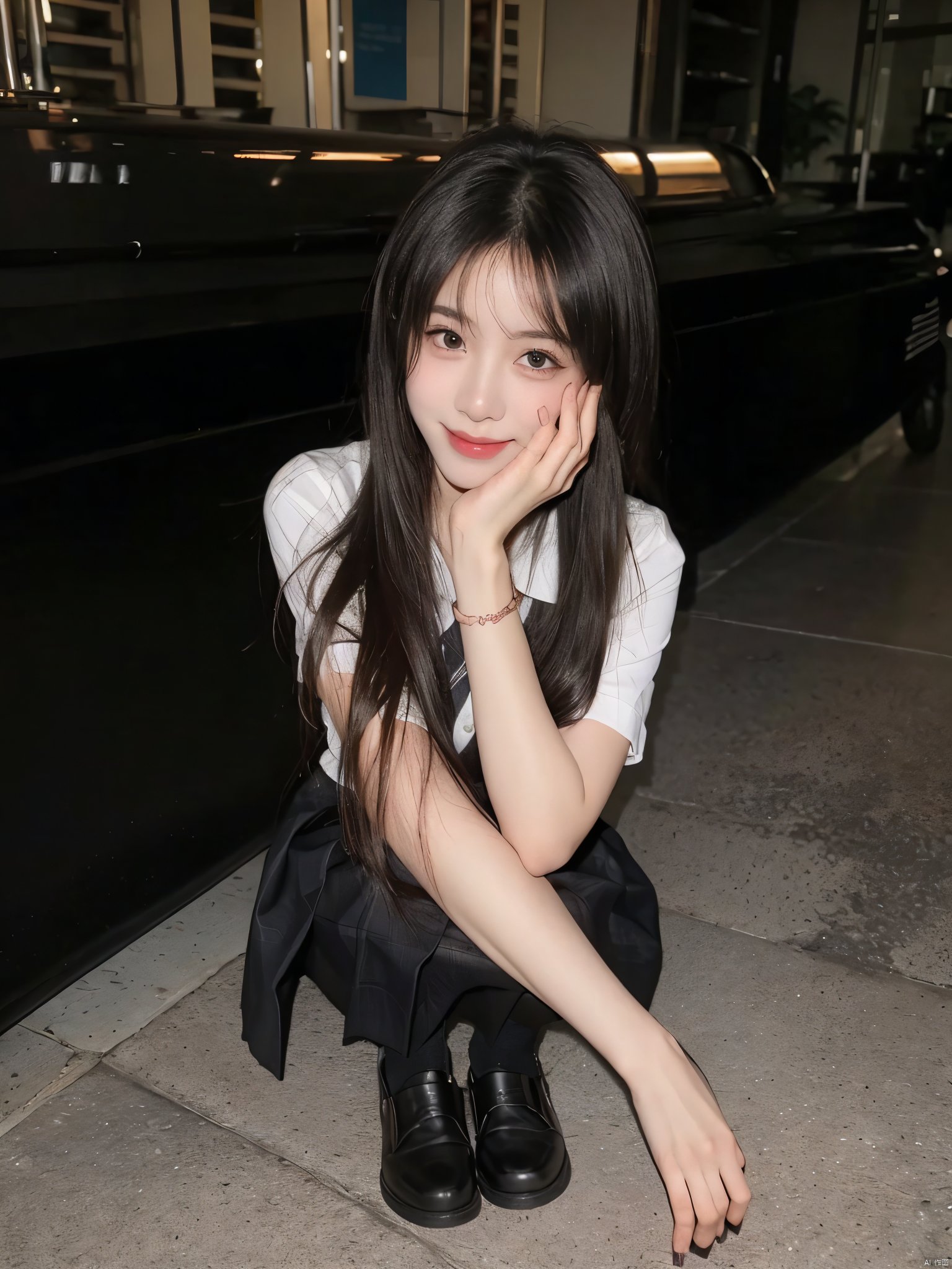 1girl, solo, long hair, looking at viewer, smile, skirt, shirt, black hair, sitting, school uniform, white shirt, short sleeves, socks, black eyes, head tilt, plaid, kneehighs, cosplay, plaid skirt, ground vehicle, black socks, hand on own face, realistic, hand on own cheek<lora:EMS-15286-EMS:0.800000>, <lora:EMS-14530-EMS:1.000000>