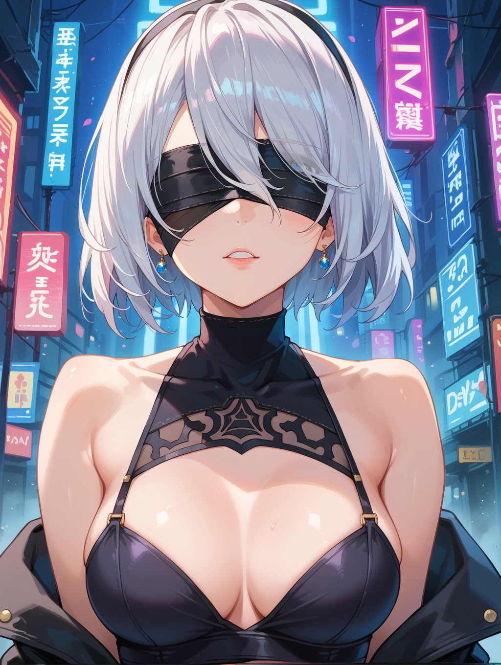 score_9, score_8_up, score_7_up,source_anime,Under the neon lights of a bustling city district, 2B from "NieR: Automata" engages in a philosophical conversation with a companion. Her sleek, black attire and blindfold add to her mystique, making her an alluring enigma in a world pondering existential questions.