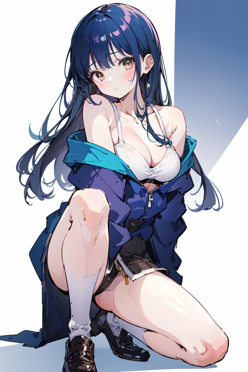 (masterpiece:1.2),best quality,PIXIV,Anna yamada,1girl,solo,breasts,show cleavage,sexy cloth,low cut,white background,long hair,simple background,brown eyes,blush,looking at viewer,medium breasts,full body,bangs,blue hair,blunt bangs,kneeing,closed mouth,bare shoulders,<lora:Anna yamada-000016:0.8>,