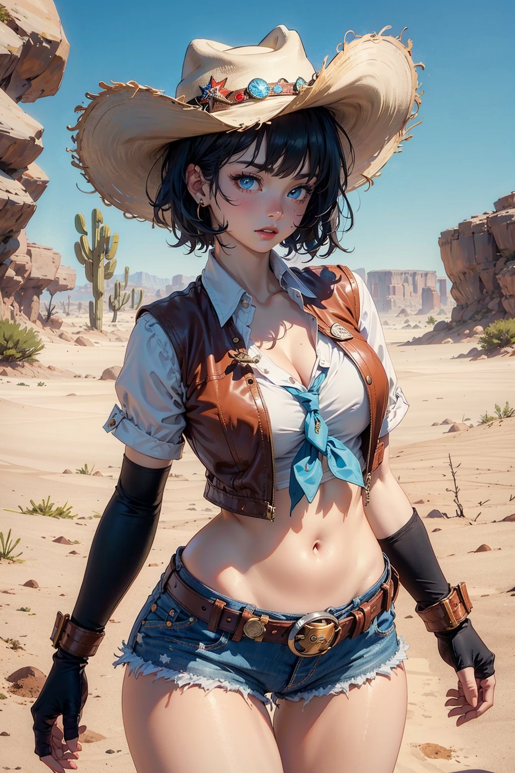 1girl, bangs, (beautiful detailed face:1.3), collarbone, brown vest ,collared shirt, blue eyes, golden hair, cleavage, ((cowboy)), (cowboy hat:1.3), fingerless gloves, gloves, hair intakes, hat, medium breasts, navel, neckerchief, red neckerchief, revolver, short hair, short shorts, shorts, thick thighs, thighs, weapon, multiple belts ,cowboy western, ((desert)) ,