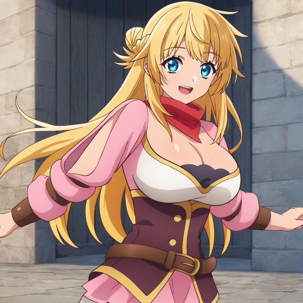 score_9, score_8_up, score_7_up, score_6_up, score_5_up, score_4_up, source_anime,ritto, rit_season_two,1girl, breasts, solo, blonde hair, long hair, blue eyes, large breasts, cleavage, smile, open mouth, looking at viewer, hair bun, belt, brown belt, :d, upper body, pink sleeves, outdoors,masterpiece, perfect face, best quality, beautiful girl, cute girl, beautiful eyes, shiny eyes, anime coloring, anime screencap, absurdres, award winning,<lora:ritto auti 901 1:0.8>