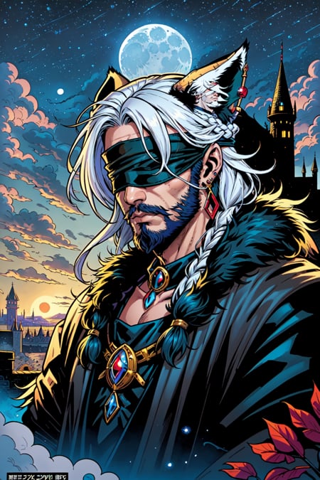 best illustration, masterpiece, 1boy, male focus, solo, blindfold, white hair, long hair, stubble, facial hair, braid, fox ears, animal ears, earrings, fur trim, jewelry, outdoors, castle, dungeons and dragons, comic book cover, fantasy background, dusk, moon, clouds, night sky, inked lines