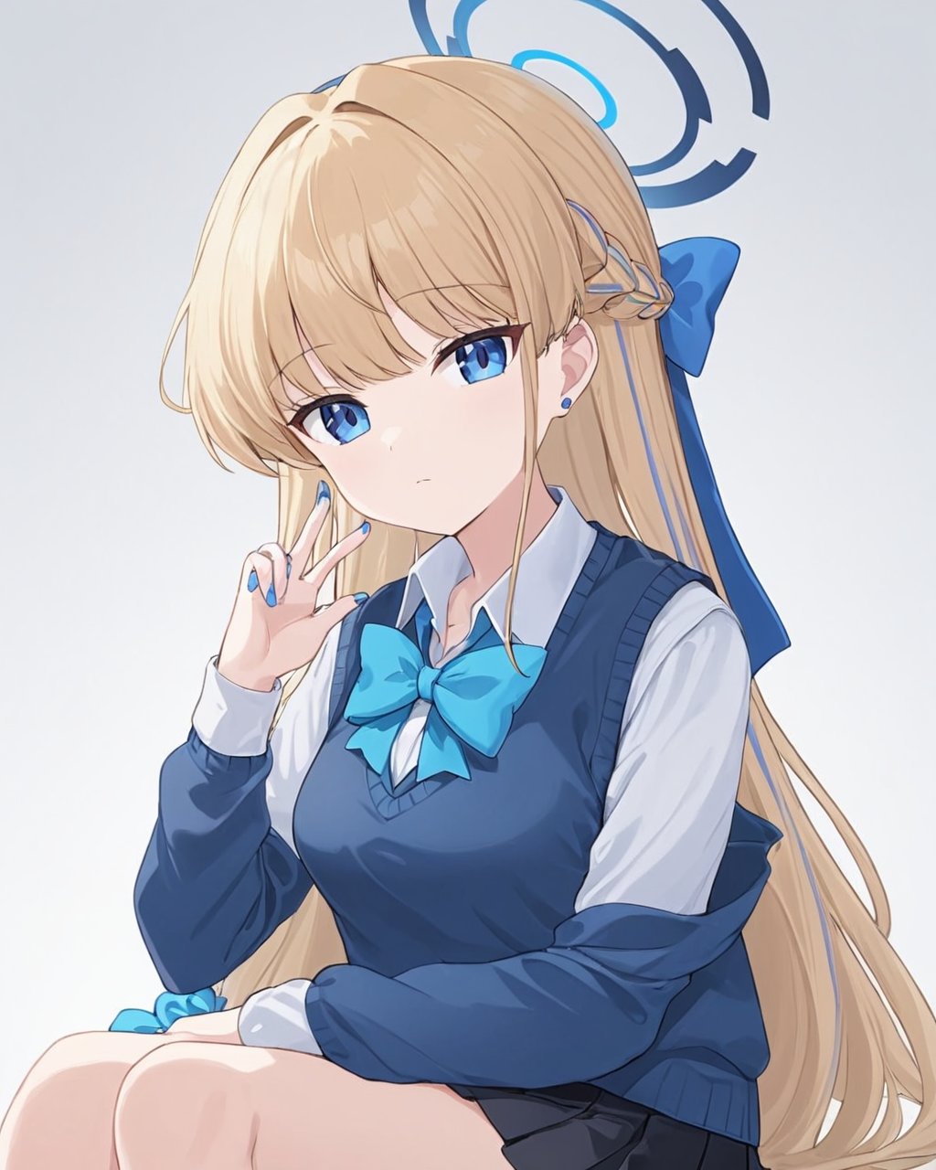 toki \(blue archive\),1girl, halo, solo, wrist_scrunchie, school_uniform, white_background, looking_at_viewer, blue_nails, simple_background, sweater_vest, white_shirt, pleated_skirt, collared_shirt, long_sleeves, black_skirt, braid, vest, nail_polish, hair_bow, closed_mouth, blue_bowtie, sitting, alternate_costume, arm_support<lora:toki_(blue_archive)_image4932_2023-11-28-000009:1>halo. gorgeous,key visual, vibrant, studio anime,award-winning, professional, highly detailed,high budget, cinemascope