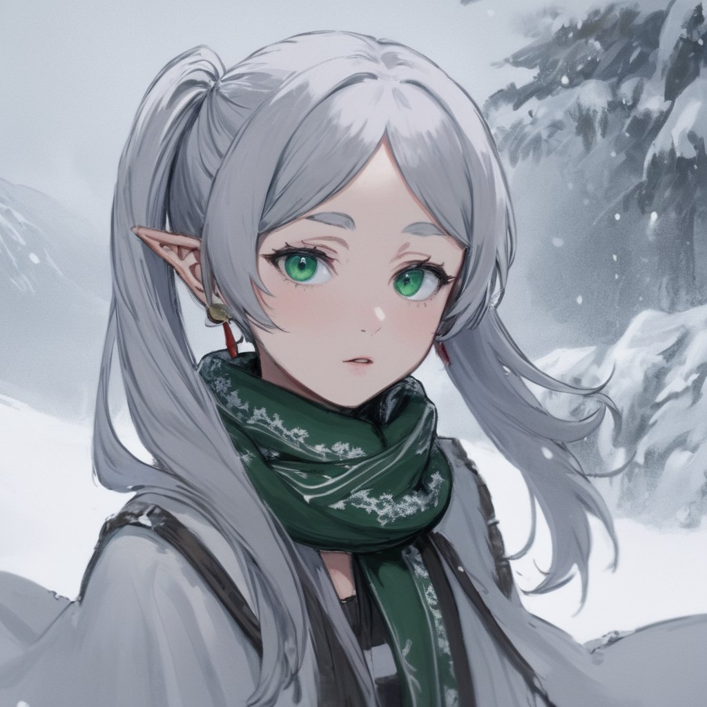 Digital art, masterpiece A detailed and cinematic wallpaper, closeup portrait of a girl Frieren standing in snow with a scarf, silver hair with twintails, greeneyes<lora:frieren_xl_2:1>