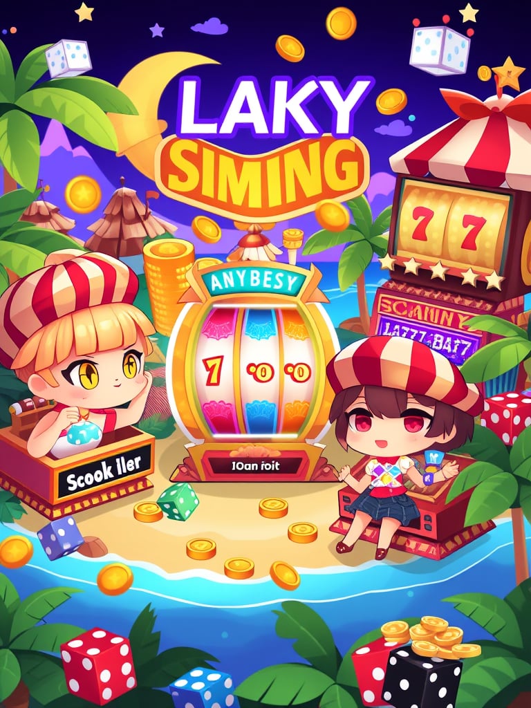 style_mix,  A fantasy island with chibi characters playing with magical slot machines, surrounded by palm trees, floating coins, and glowing dice. The environment is cheerful and colorful, with a blend of tropical and fantasy elements. , <lora:album_cover:1>