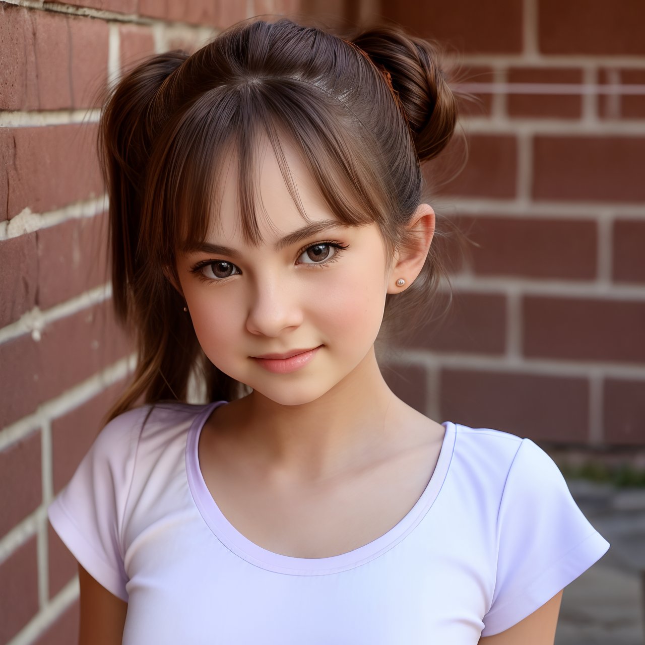 SFW, best quality, extra resolution, view from below, portrait of smiling (AIDA_LoRA_BelK:1.13) <lora:AIDA_LoRA_BelK:0.69> in a t-shirt and with a violet collar on her neck standing next to the brick wall, outdoors, sunlight, lovely girl, pretty face, naughty, funny, happy, playful, intimate, flirting, dramatic, hyper realistic, studio photo, kkw-ph1, hdr, f1.5, getty images