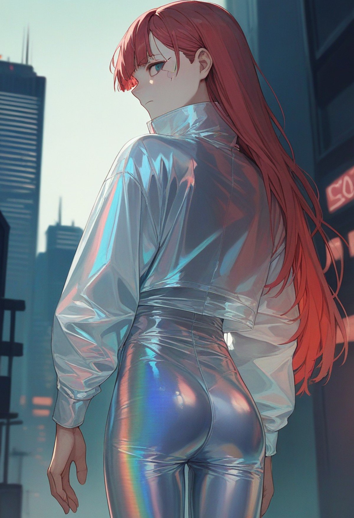 score_9, score_8_up, score_7_up, score_6_up, source_anime, <lora:holographic_v0.2-pony:1>1girl, long hair, red hair,holographic bodysuit, cyberpunk, city, looking back, 