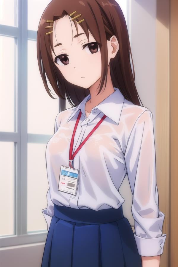 megumichihaya, <lora:megumi chihaya s1-lora-nochekaiser:1>,megumi chihaya, long hair, brown hair, hair ornament, (brown eyes:1.5), hairclip,BREAK skirt, shirt, white shirt, blue skirt, office lady, id card, lanyard,BREAK indoors, office,BREAK looking at viewer, (cowboy shot:1.5),BREAK <lyco:GoodHands-beta2:1>, (masterpiece:1.2), best quality, high resolution, unity 8k wallpaper, (illustration:0.8), (beautiful detailed eyes:1.6), extremely detailed face, perfect lighting, extremely detailed CG, (perfect hands, perfect anatomy),