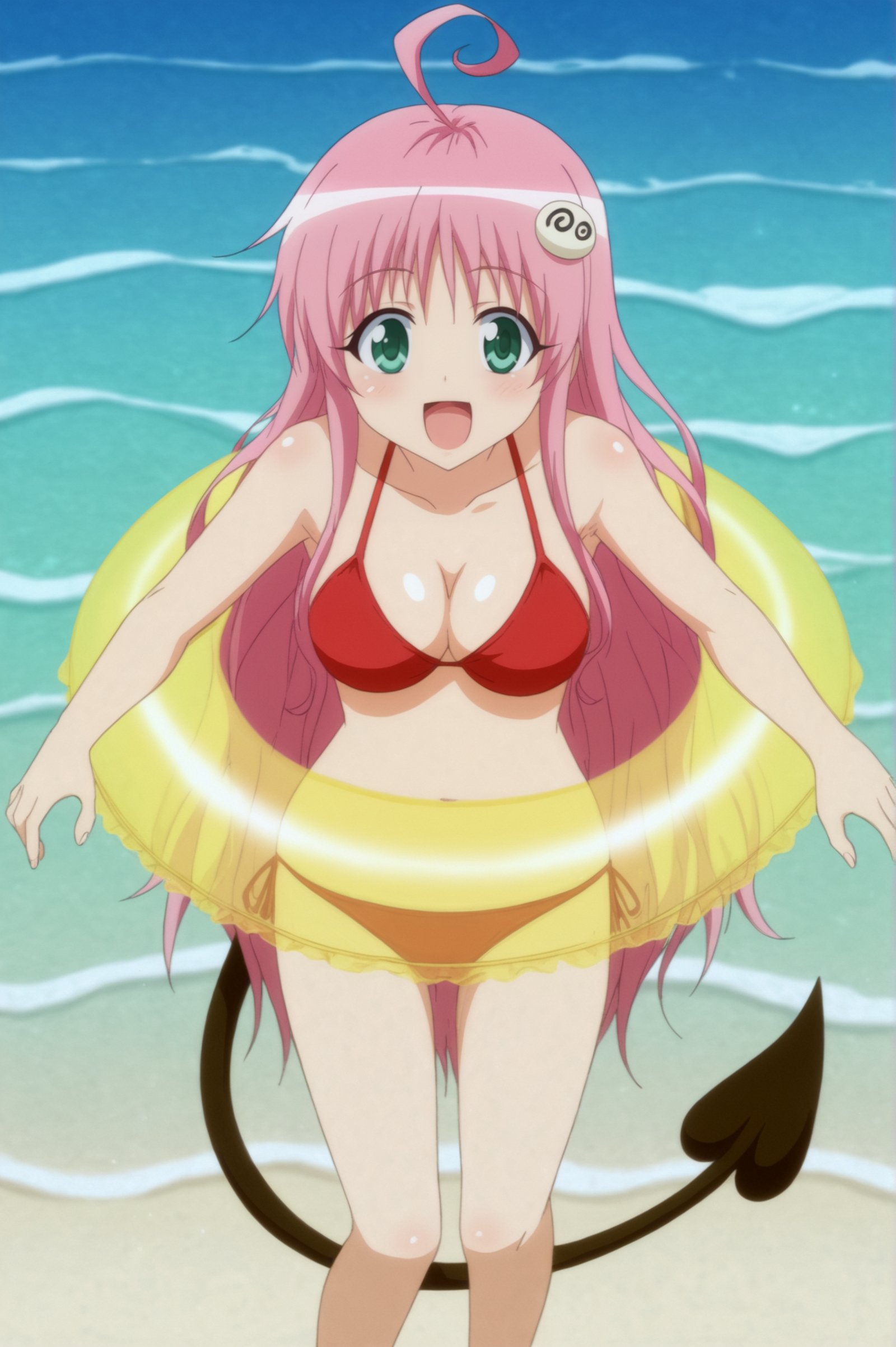 <lora:Lala_Satalin_Deviluke:0.7>, Lala Satalin Deviluke, 1girl, solo, breasts, open_mouth, tail, swimsuit, bikini, day, water, swim_ring, red_bikini, innertube <lora:sdxl_lightning_4step_lora:1>