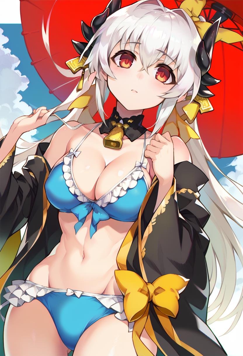 score_9, score_8_up, score_7_up, source_anime BREAK 1girl,  <lora:spfateKiyohimeXLPony:1> kiyola3st, white hair, horns, yellow bow, blue bikini, cleavage, frills, frilled bikini, japanese clothes, black kimono, standing, cow-boy shot, <lora:Panda-Ookuma-Style-PonyXL-000048:1>