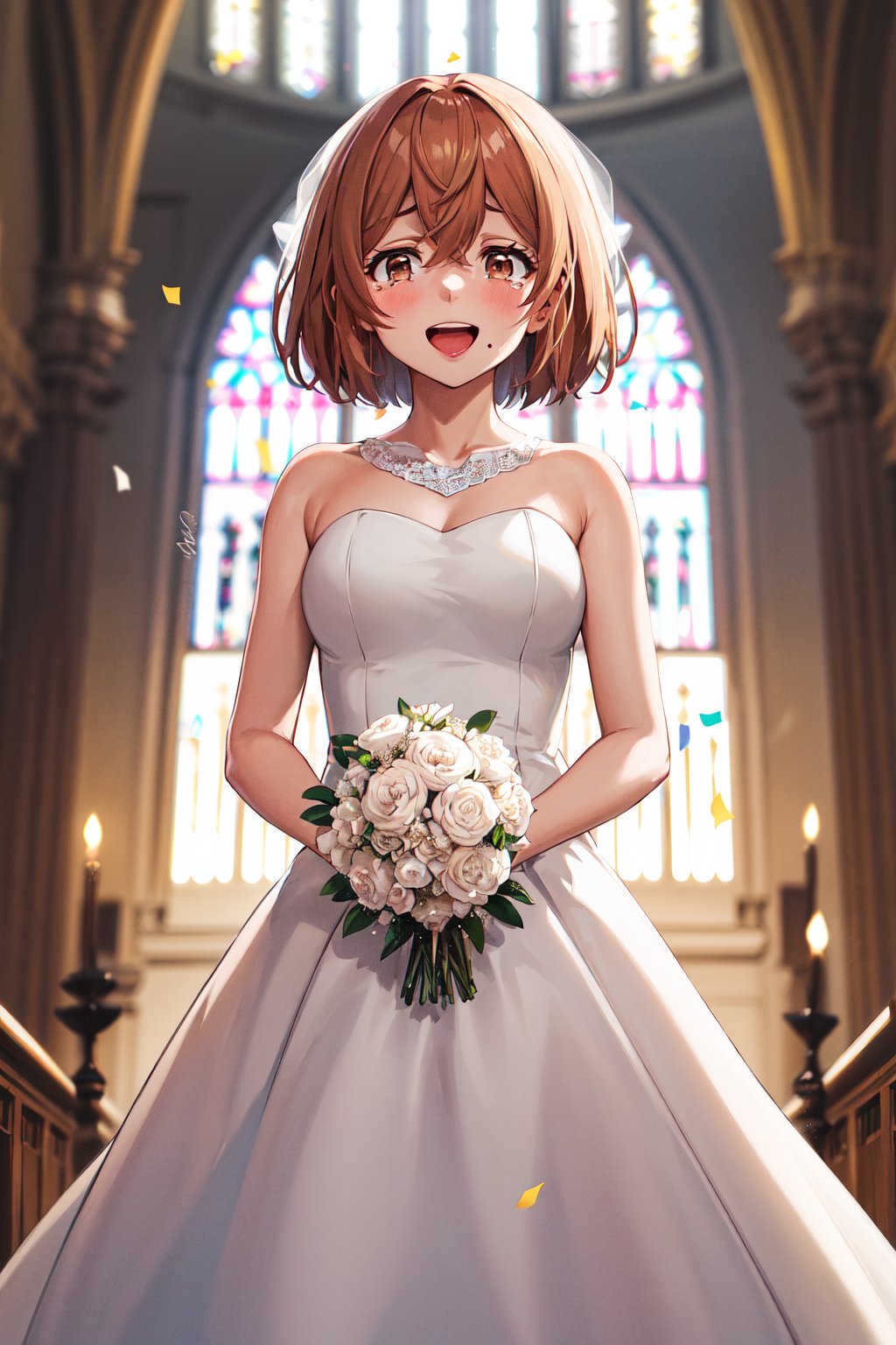 masterpiece, best quality, highres, 1girl, solo, short hair, brown hair, brown eyes, mole, <lora:tachibana_hinata_v1:0.7>, wedding dress, white dress, smile, open mouth, tears, holding bouquet, church, confetti,