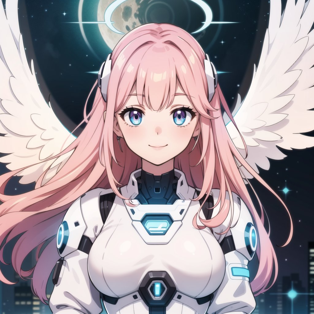 ((masterpiece, best quality, extremely detailed), volumetric lighting, ambient occlusion, colorful, glowing, expressive eyes),

1girl, pink hair, long hair, halo, aura, sacred, godness, cyber suit, (white outfit:1.3), android, bot, angel wings,
outdoors, night, sky, clouds, moon, stars,
(cyberpunk theme), (Cyborg theme),

open eyes, smiling, closed mouth,
upper body, close up, portrait,