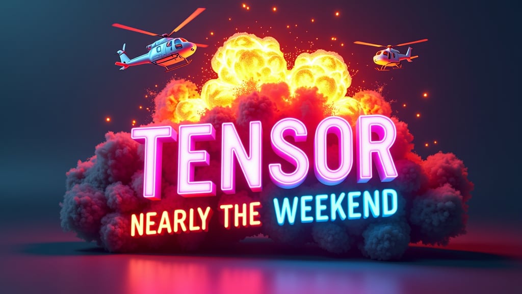 Logo in neon lights, 3D, colorful, modern, glossy, neon background,with a huge explosion of fire witha helicopter, the text reads 'TENSOR IT'S THURSDAY, NEARLY THE WEEKEND ",