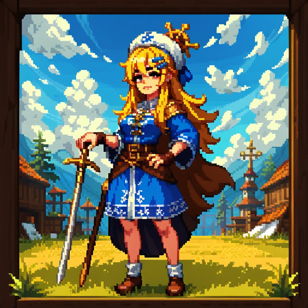 score_9, score_8_up, score_7_up, pixel art, aduare_style, 1girl, stylish model,  medieval background, fullbody<lora:Aduare Style Pony:0.7>